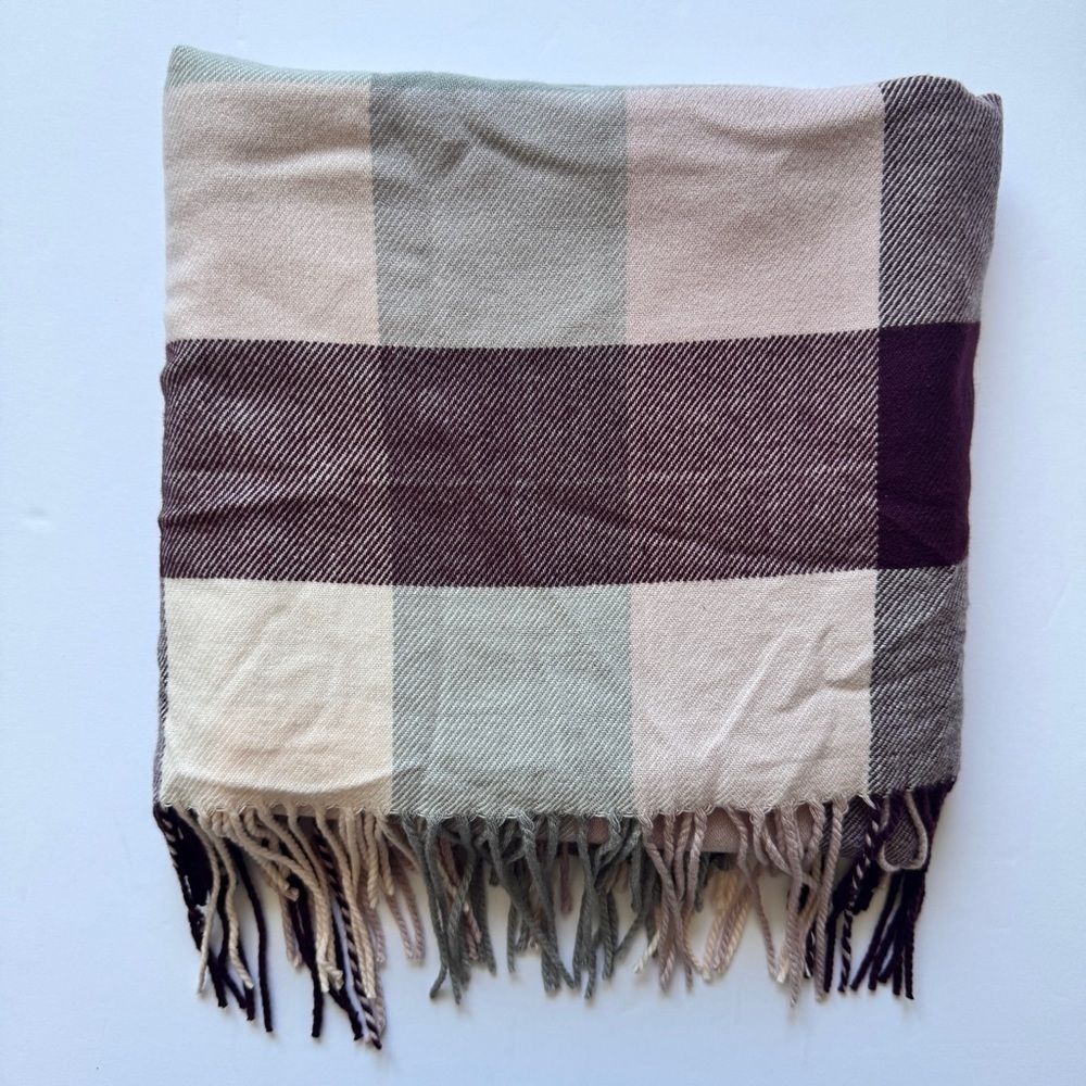 NWT Love and Lore Scarf Plaid Check Fringe Trim Purple Pink Super Soft OS
